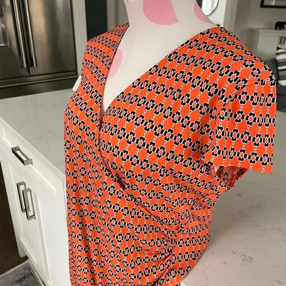 Jones New York Signature Petite Cap Sleeve Print Faux Wrap Dress Orange Sz MP - Picture 3 of 10